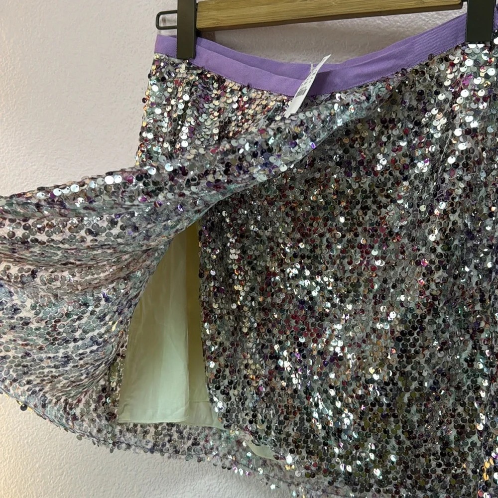 NWT J. Crew Skirt MINI faux wrap skirt silver purple sequins side zipper Tag:6